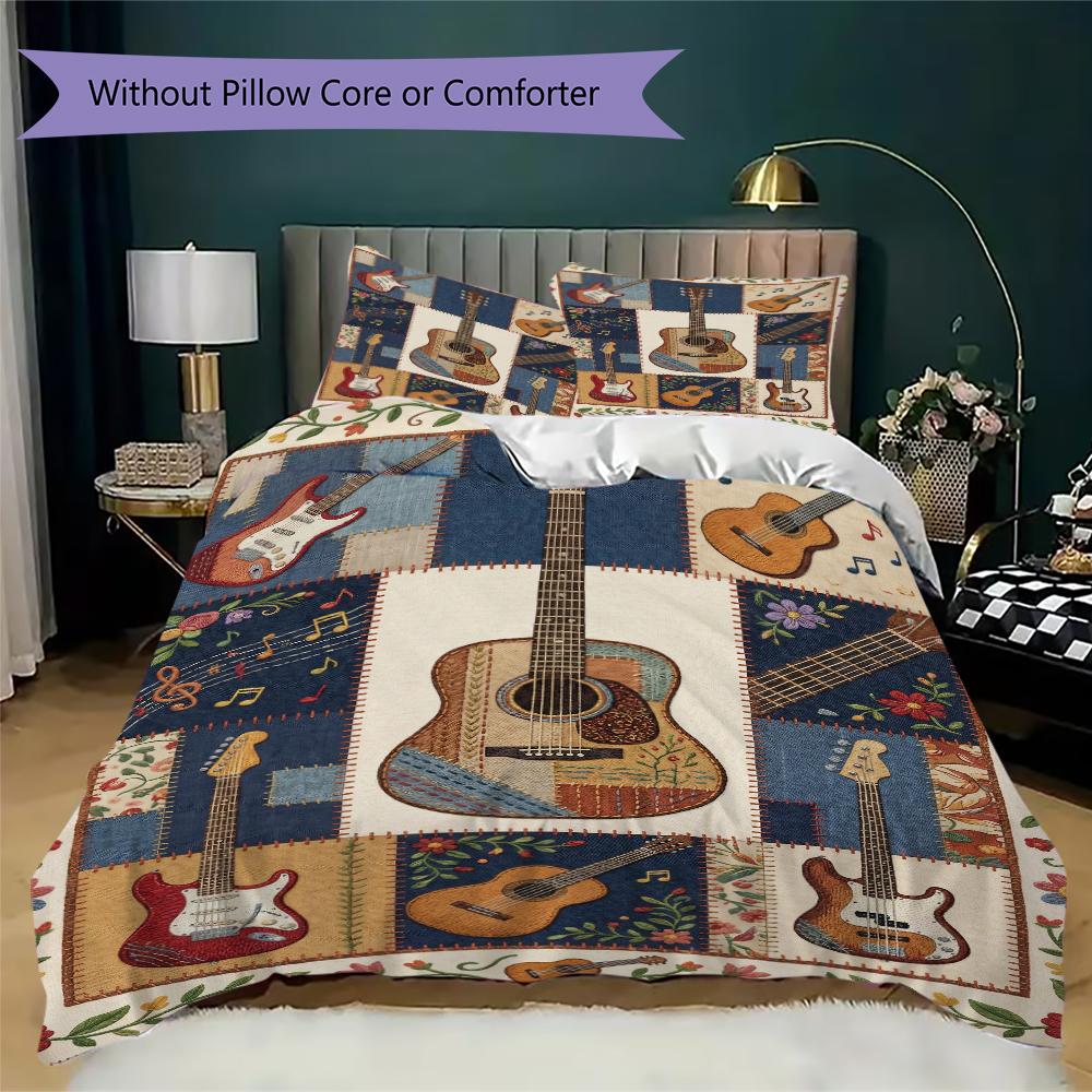 Guitar Music Pattern Bedding uilt Set uilt Cover Pillowcase Home Decoration Birthday Gift (1 * duvet cover + 2 * pillowcase  without core)56