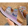 New Style Chunky Sole Hemp Rope Double Buckle Rhinestone Beach Sandals - Plus Size Women's Shoes