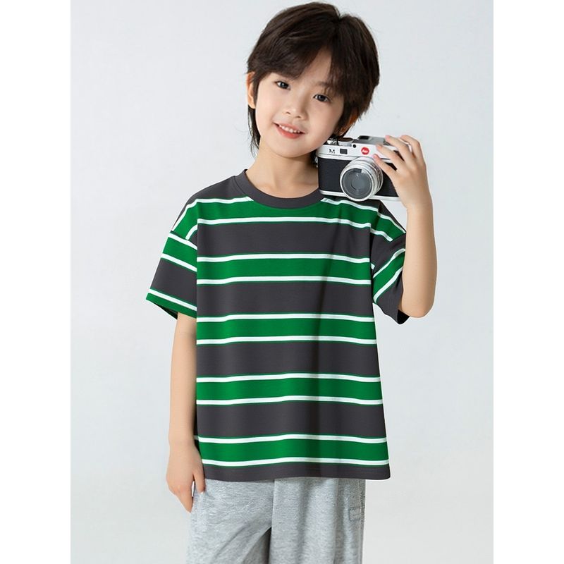 Children's Striped Short-Sleeve T-Shirt for Older Kids, European and American Style, Summer Korean Version, Loose Fit for Boys and Girls