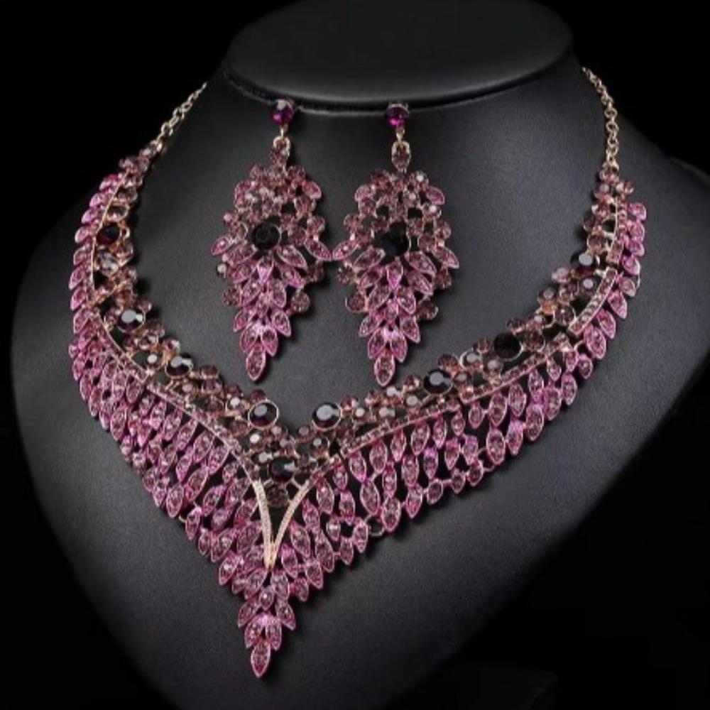 3Pcs Purple Necklace Earring Set Luxury Crystal Jewelry Set Fashion Stud Earrings Choker Set Women