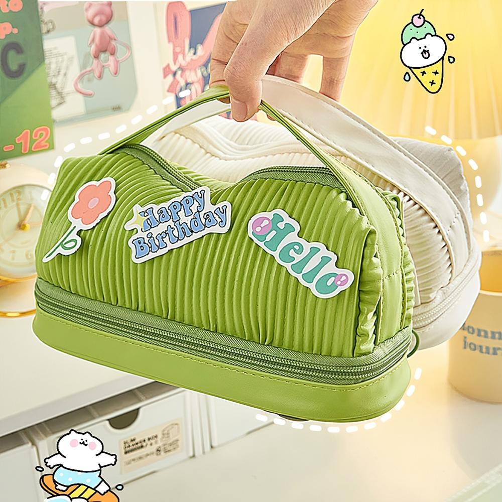 Двухуровневая сумка-карандаш, чехол для ручки, авокадо, зеленый, кремовый, белый, из искусственной кожи, сумка для хранения канцелярских принадлежностей, макияжа, путешествий