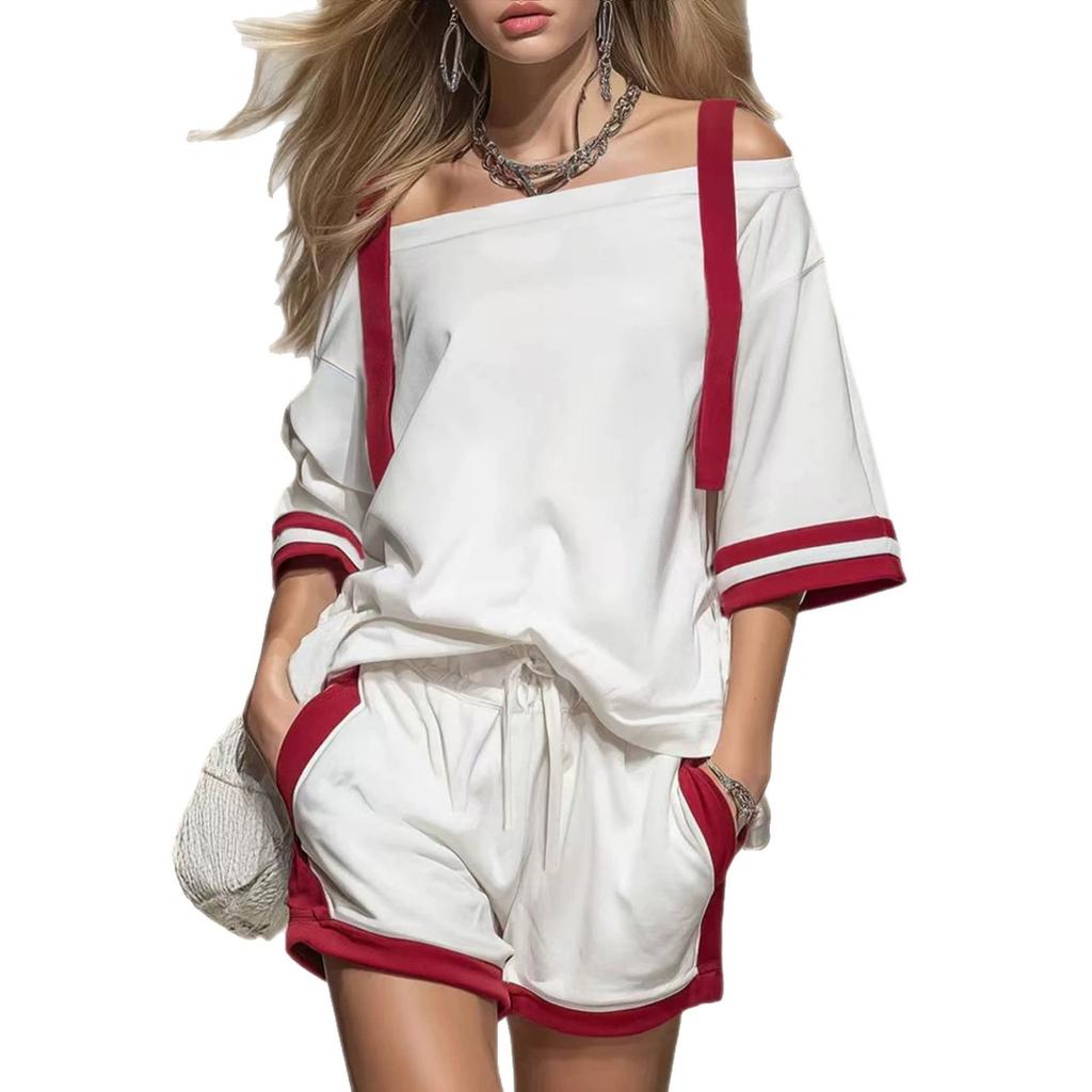 2026 Amazon European and American cross-border spring and summer women's suit off-the-shoulder top + shorts sports and leisure two-piece set