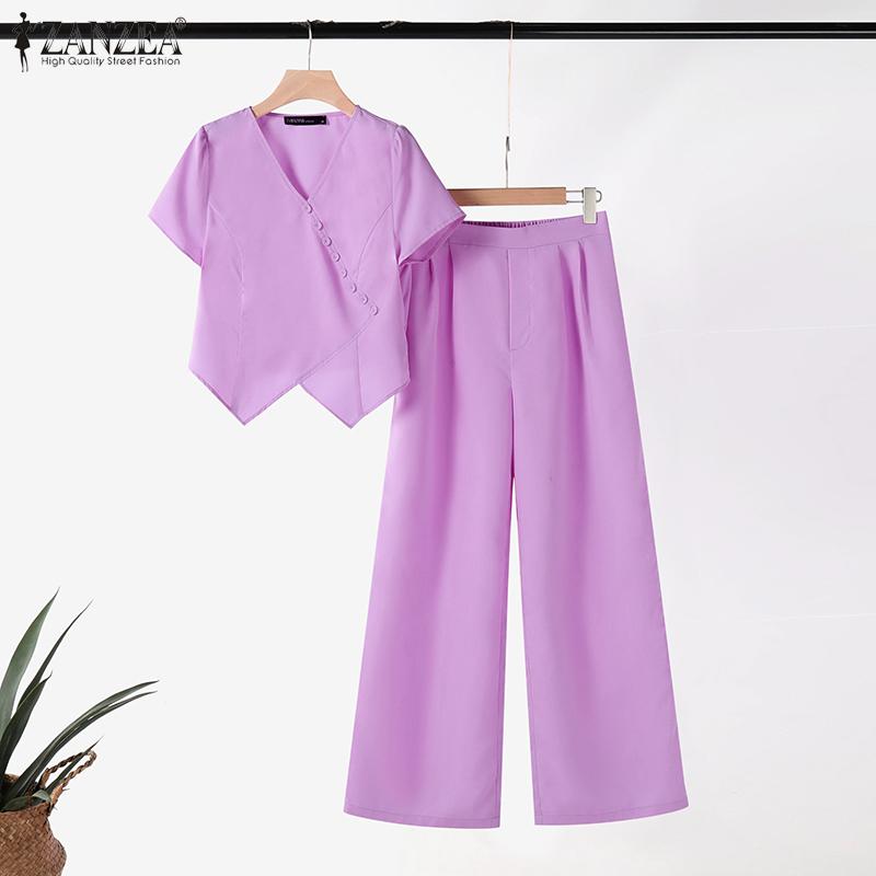 ZANZEA Women Short Sleeve Blouse and Pants Casual Two Piece Sets
