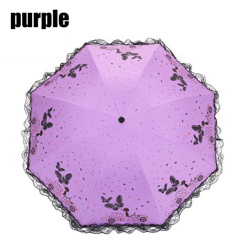 Butterfly Lace Printed Sunshade Umbrella For Both Rain Triple Fold Wind Resistant And Sun Resistant Black Rubber Umbrella