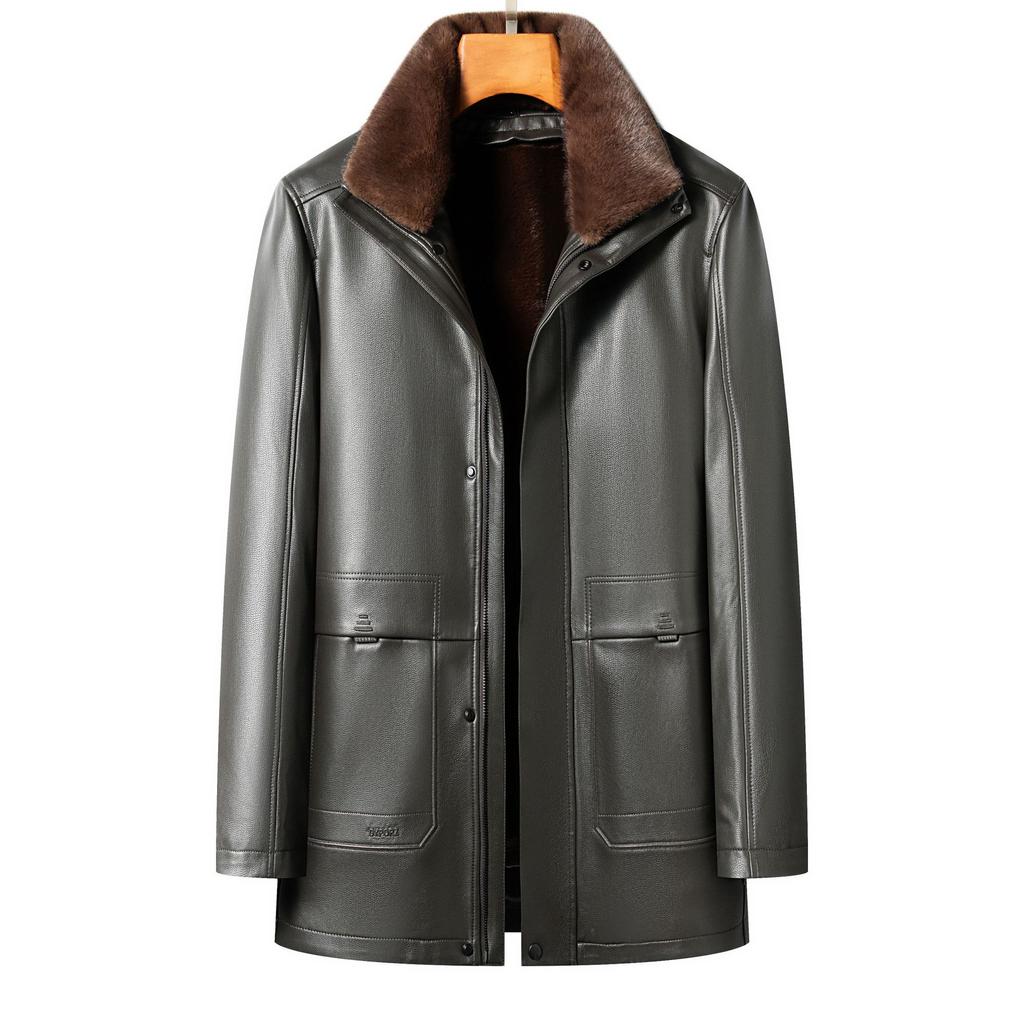 Осеннее и зимнее пальто, меховая интегрированная кожаная куртка, съемный воротник, мужская кожаная куртка, теплая кожаная куртка для мужчин