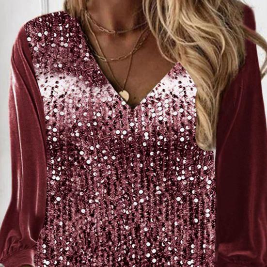 Осень-весна женский топ с блестящими пайетками и v-образным вырезом с длинными рукавами в стиле пэчворк, свободный пуловер, мягкий дышащий средней длины, женская рубашка, блузка