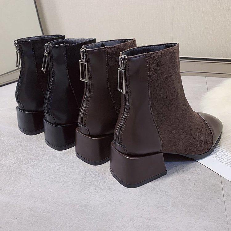 Black Fashion Boots Low Heel Zipper Nude Boots Dark Brown Spring and Autumn Women's Single Boots 35-42 Aunt Short Boots Women's