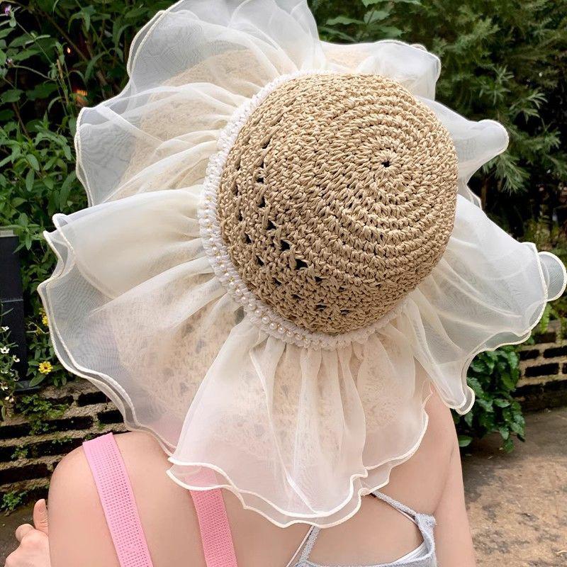 Женская кружевная соломенная шляпа с жемчугом, летняя соломенная шляпа с большими полями, праздничная шляпа от солнца для взрослых, повседневная кепка для пляжа