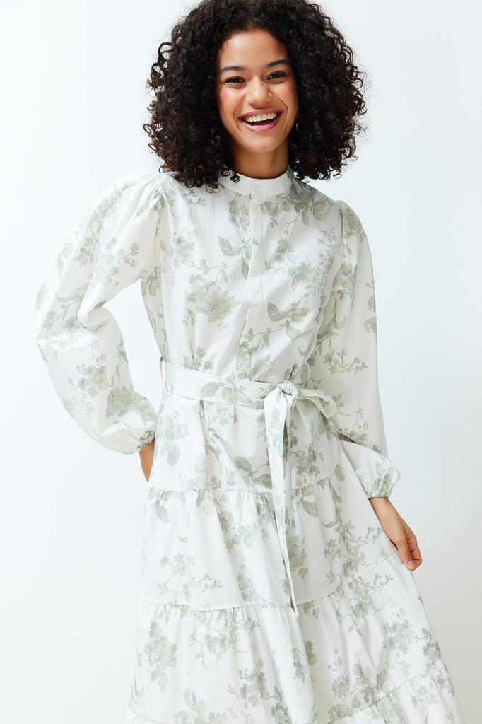 Women's Fashion New Hijab Dress Ecru High Collar Floral Belted Poplin Woven Dress