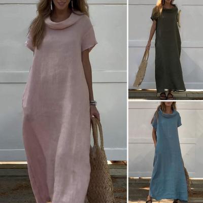 Летнее женское платье со складками на шее, свободные короткие рукава, сплошной цвет до щиколотки, боковые карманы, пуловер, повседневный