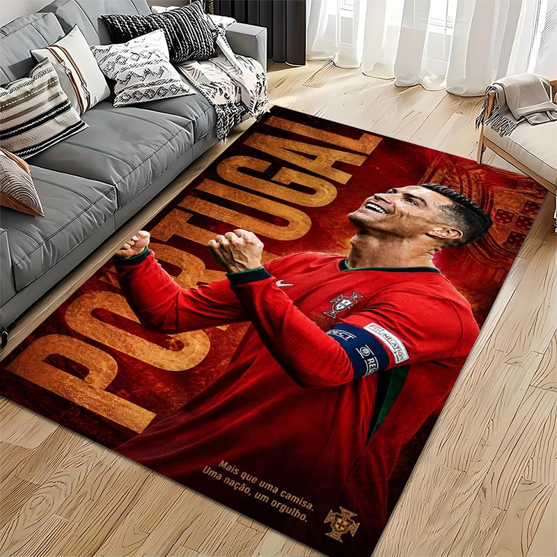 Soccer Star Area Rug, Cristiano Ronaldo Portugal National Team Red Celebration Print, Football Fan Living Room Decor, Non-Slip Mat