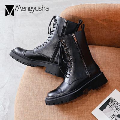 Модные женские мотоциклетные ботинки на шнуровке и молнии, высокие ботинки до середины икры, 2024 г., туфли на платформе и каблуках, женские осенне-зимние ботинки в стиле панк для верховой езды