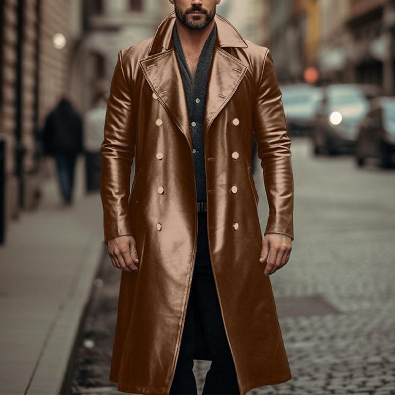 European and American large-size long leather trench coat men's double-breasted leather coat COS German military uniform medieval clothing leat