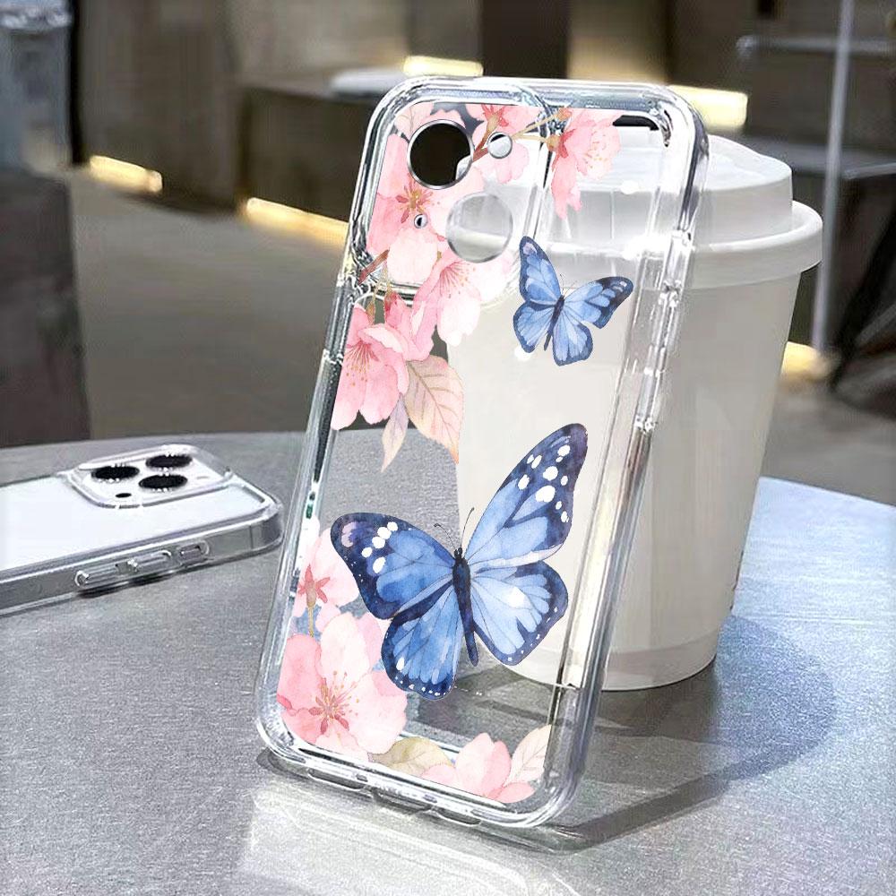 Pink Cherry Blossoms Blue Butterflies soft TPU Phone Case for Xiaomi Redmi Note 15 14 13 12 11 10 9 Pro Plus 4G 5G Soft Cover