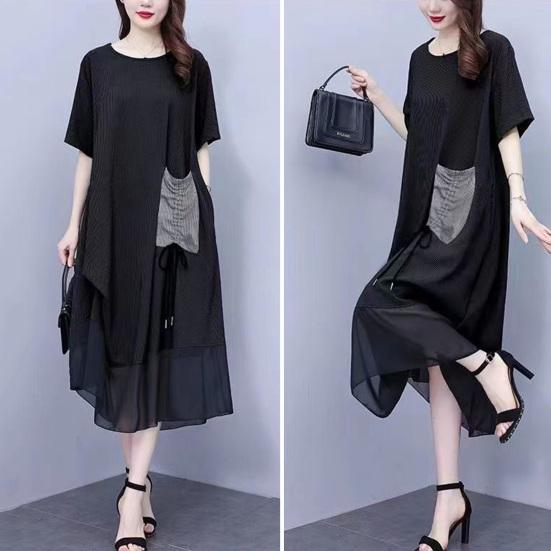 Women's Summer Short Sleeve Midi Dress with Pocket Casual Crew Neck Mesh T-shirt