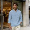 Мужская хлопково-льняная рубашка с длинным рукавом и воротником-стойкой, футболка с нагрудным карманом, однотонная, повседневная, праздничная рубашка для путешествий, летнего пляжного отдыха, повседневной носки
