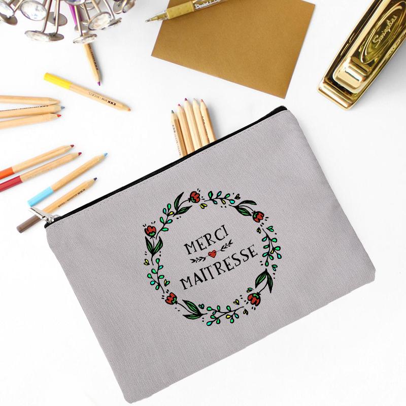 Teacher Superpower French Letter Print Women Cosmetic Bag Canvas Zipper Makeup Pouch Purse Organizer Pencil Bags Toiletry Bag