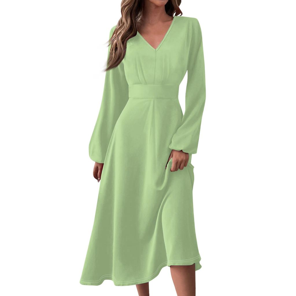 Women's  And Winter Casual Fashion V-neck Long Sleeve Solid Color Long Dress