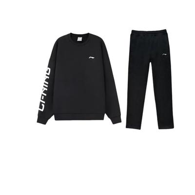Li Ning Тренировочная серия Флисовая толстовка с принтом букв с круглым вырезом Пуловер Удобный Простой Прямой крой Средняя посадка Длинные брюки Комплект YKLT415-1+-AWDRF44-2