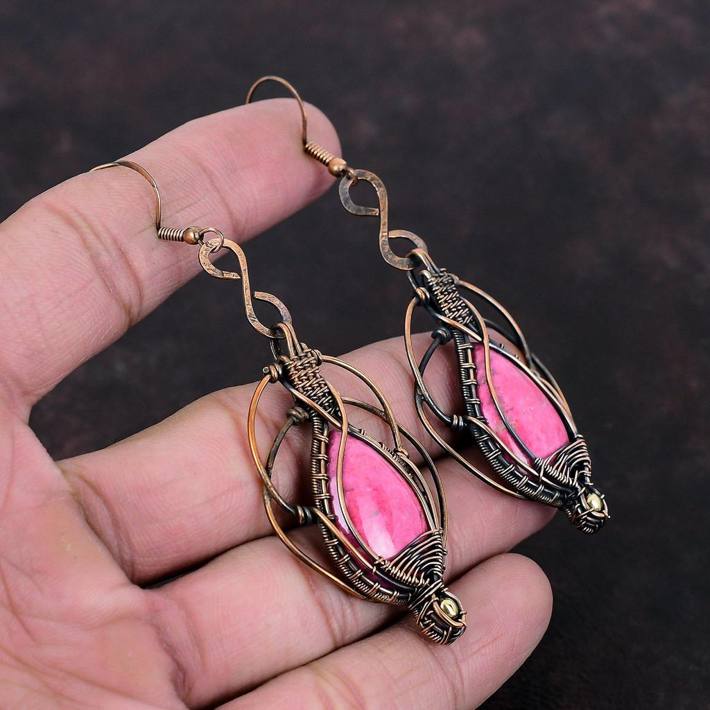Серьги из тулита, серьги из медной проволоки, элегантные серьги, медные украшения, серьги ручной работы из натурального драгоценного камня, ювелирные изделия из проволочной обмотки для подарка