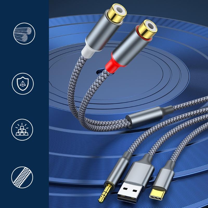 3-в-1 Аудиокабель-адаптер USB TypeC 3,5 мм на 2 RCA для усилителей, стереозвука, для подключения домашнего кинотеатра