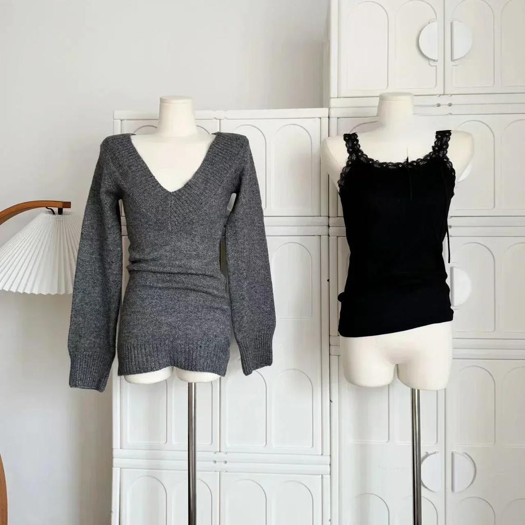 Французский Ретро Элегантный Y2k Комплект из 3 предметов Женский Винтажный Однотонный Свитер с Длинным Рукавом + Кружевной Повседневный Жилет + Клетчатая Шикарная Юбка Осень 2024