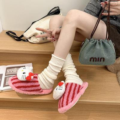 Пушистые тапочки женские зимние домашние комнатные полосатые мультяшные парные цветные с плюшевой мордочкой студенческие хлопковые тапочки женские