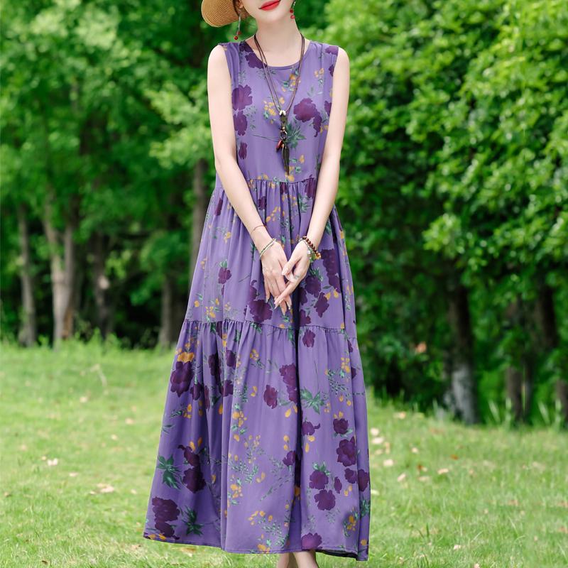 Элегантное женское платье без рукавов больших размеров с коротким рукавом и винтажным принтом, длинное платье, летняя повседневная женская одежда среднего возраста