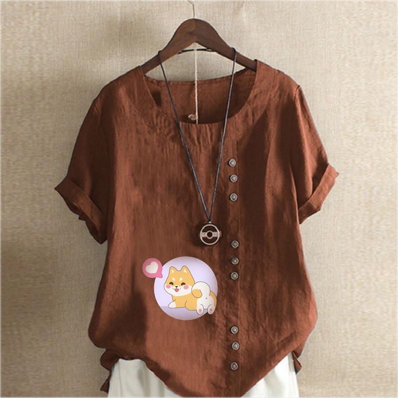 Женская модная футболка с круглым вырезом и коротким рукавом с принтом милой собаки, повседневная рубашка из хлопка и льна с рисунком, свободная летняя блузка для отдыха, топы