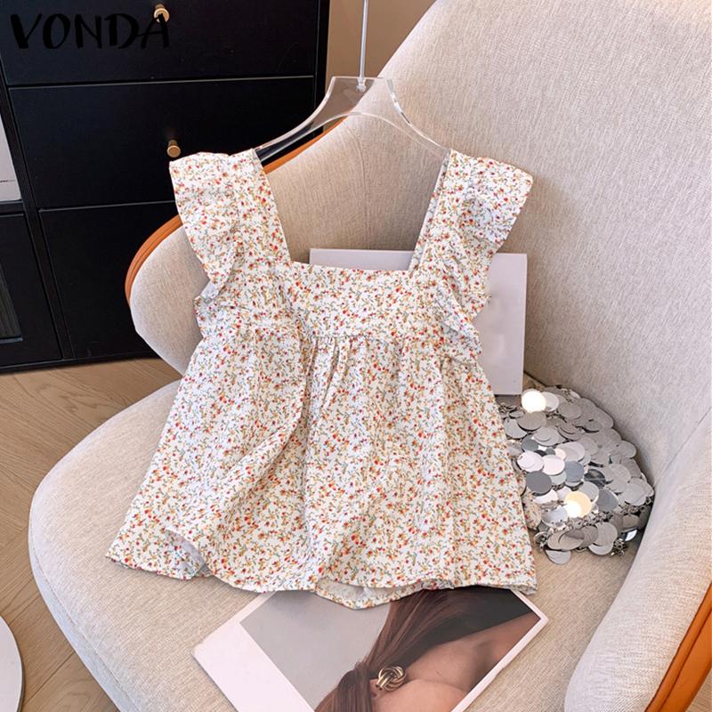 VONDA Summer Women Square Collar Sleeveless Strap Floral Print Ruffled Casual Tank Tops