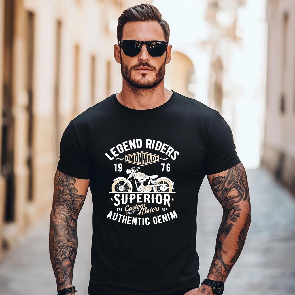 2024 Summer New American Retro Short Sleeve O-neck Motorcyce Printed T-shirt Men's Simple Washed Casual Youth Tees