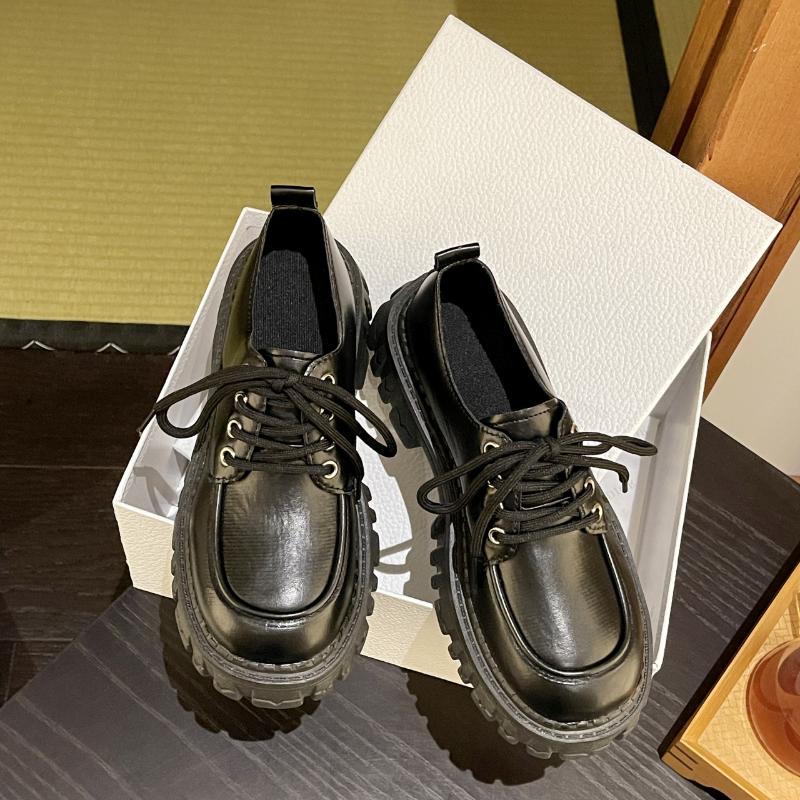 2024 Spring/Summer New Retro British Style Versatile Women's Shoes Black Heightened Lace Up Small Leather Shoes for Women