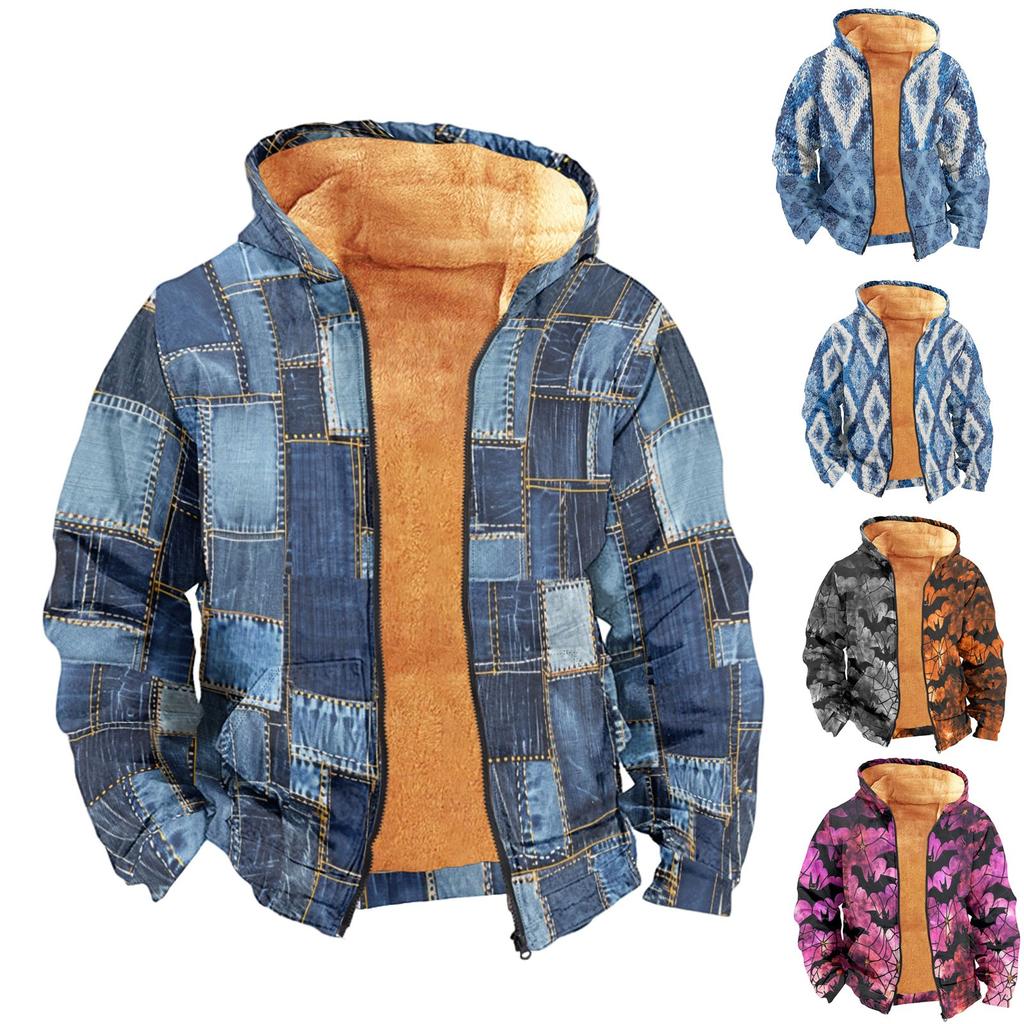 Men's Print Long Sleeve Pocket Coat Fashion Plus Velvet Overcoat