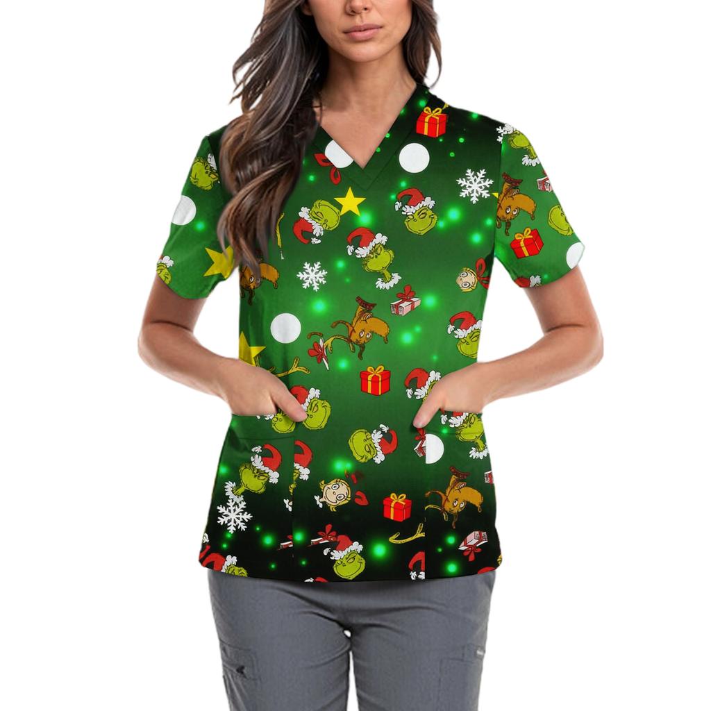 Женская милая блузка с принтом бантиков, рабочая одежда, V-образный вырез, двойной слой, карманы, базовая, с коротким рукавом, пуловер