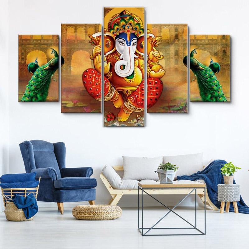 5 Panels Abstract God Elephant Hindu Lord Ganesha Oil Canvas Painting Animal Posters and Prints Wall Picture Home Decor No Frame