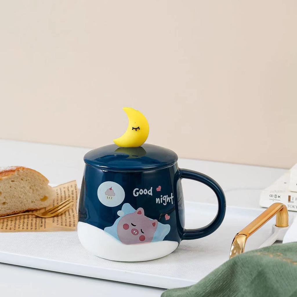 Керамическая чашка для воды Милый мультяшный узор с крышкой с лунной ложкой Офисная стеклянная кофейная чашка Высокая термостойкость Бытовое использование