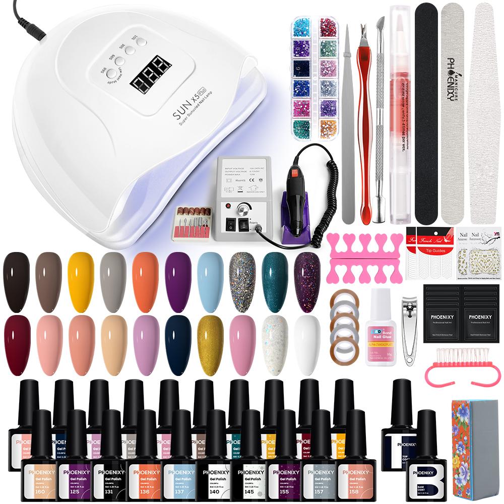 Набор гелей для ногтей PHOENIXY, профессиональный дизайн ногтей с УФ-светодиодной лампой 80 Вт, дрель для гель-лака для ногтей, набор инструментов для удаления лака для ногтей, набор инструментов для маникюра