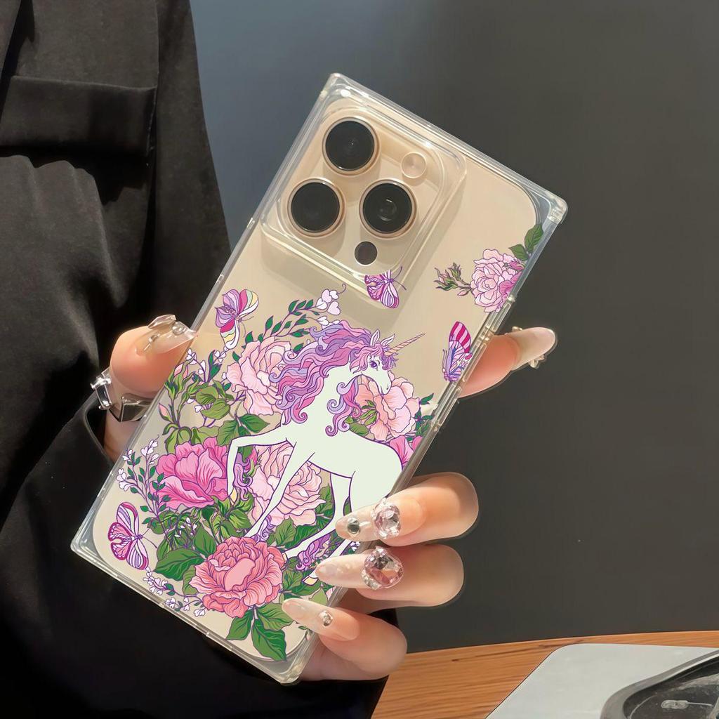 Прозрачный квадратный чехол-трубка для защиты iPhone 13 14 Pro Max 16 ProMax 15 Plus 12 11, защита от окисления, с рисунком бабочки и единорога