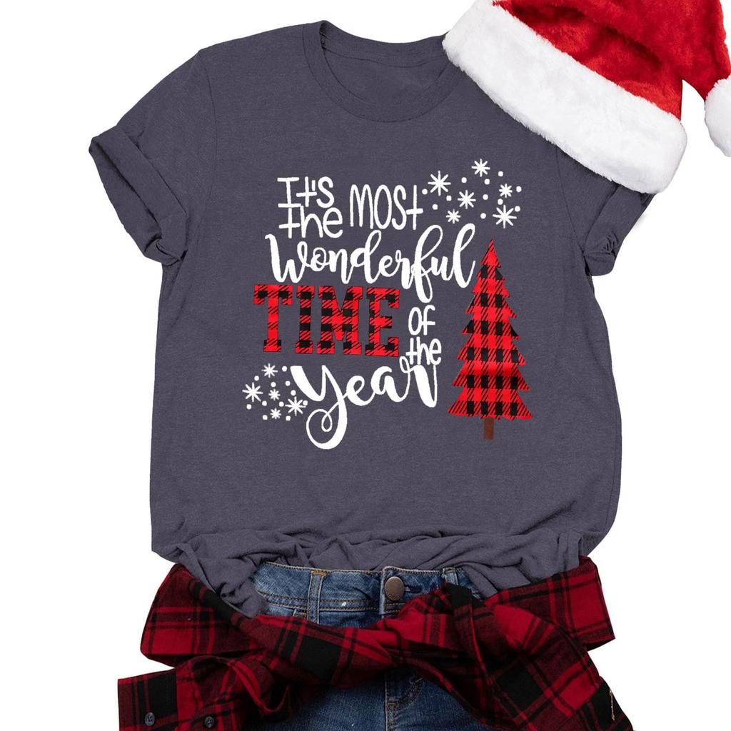 Женская футболка, повседневный свободный рождественский пуловер с круглым вырезом и коротким рукавом с принтом