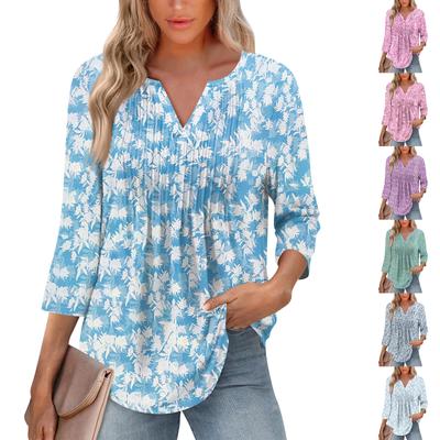 Женская модная повседневная плиссированная футболка с V-образным вырезом и рукавом семь четвертей