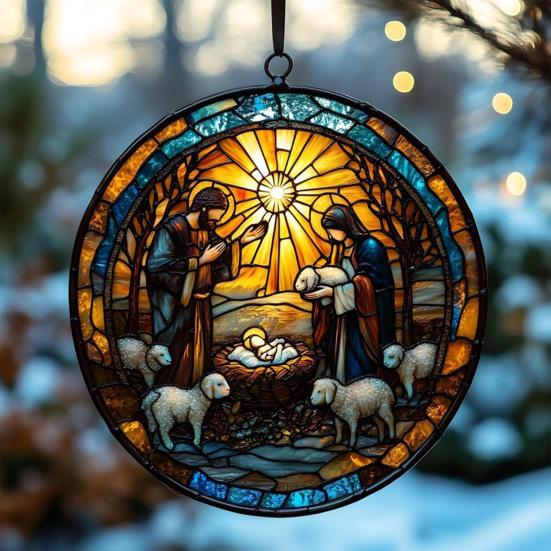 Рождественский вертеп, украшение ручной работы, круглый ловец солнца, первое рождественское украшение для ребенка, христианский религиозный подарок для украшения окна на елку