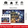 80th Happy Birthday Banner Backdrop Blue Silver Balloons Candles Polyester