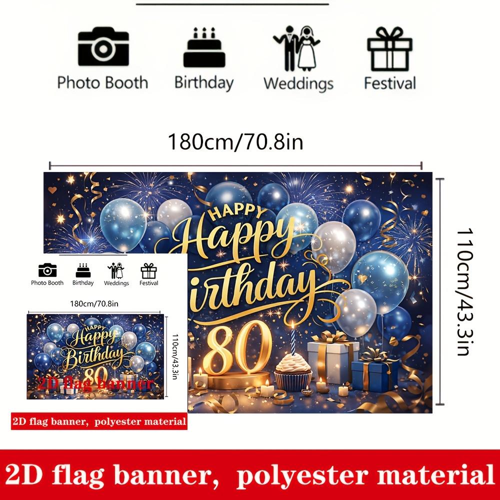 80th Happy Birthday Banner Backdrop Blue Silver Balloons Candles Polyester