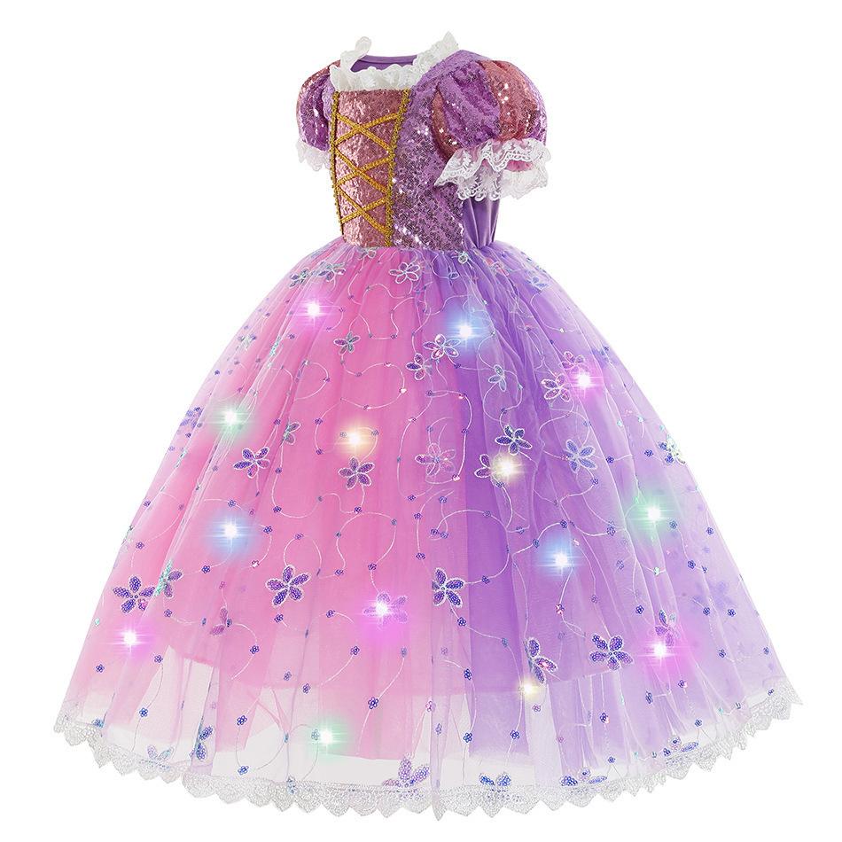 Purple Long Hair Floral Princess LED Tutu Full Set, Girls Halloween Birthday Stage Performance Gown Pink