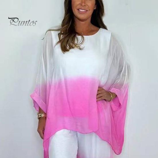 Summer Chiffon Gradient 2 Piece Set for Women Plus Size Crew Neck Top Wide-leg Pant Set Casual Loungewear Outfit