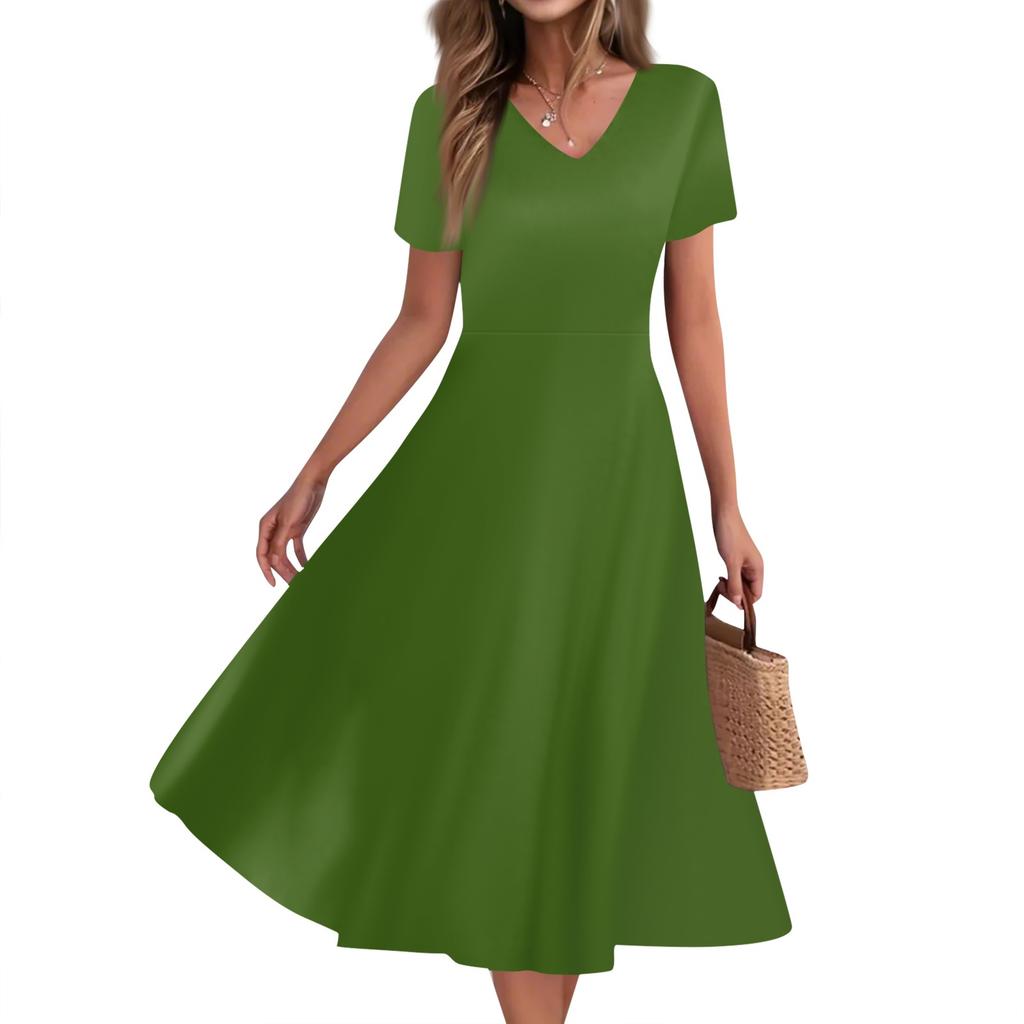 Women's Summer Casual Fashion Print Pocket Short Sleeve V-Neck Swing Dress