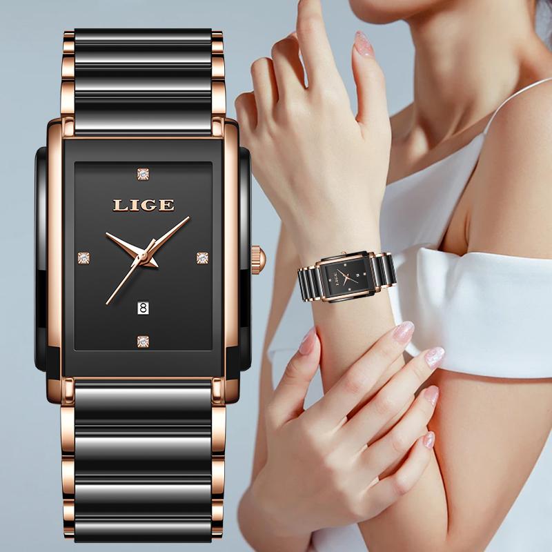 LIGE Simple Elegant Woman Watch Fashion Luxury Square Ceramics Leisure Diamond Waterproof Calendar Lady Quartz Watches for Women