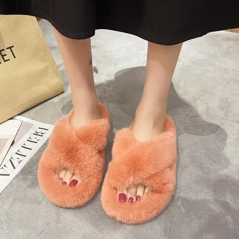 Женские плюшевые тапочки, корейская версия сезона осень/зима 2024, теплые хлопковые тапочки для дома, плоская обувь, тапочки