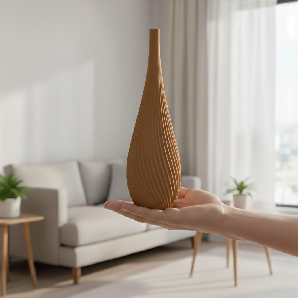 Decorative vase in the shape of a spiral drop, brown, modern design
