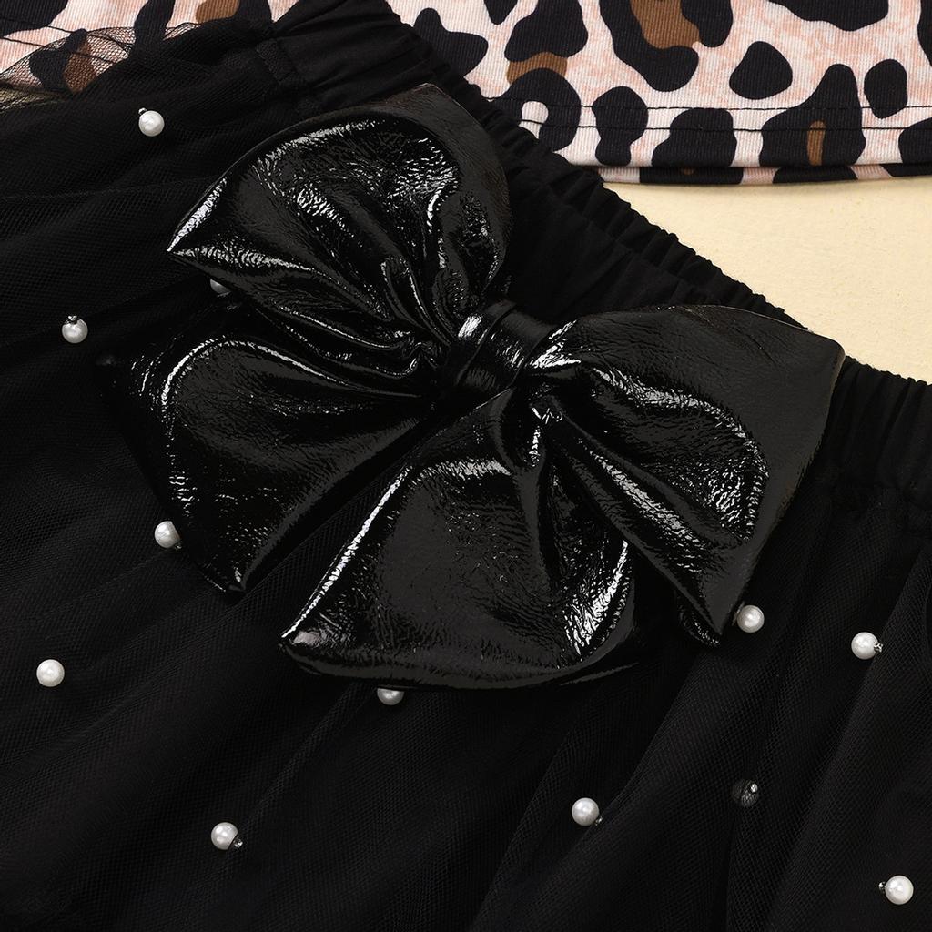 Toddler Kids Baby Girls Leopard Print T Shirt Bow Tulle Skirt Outfits Set